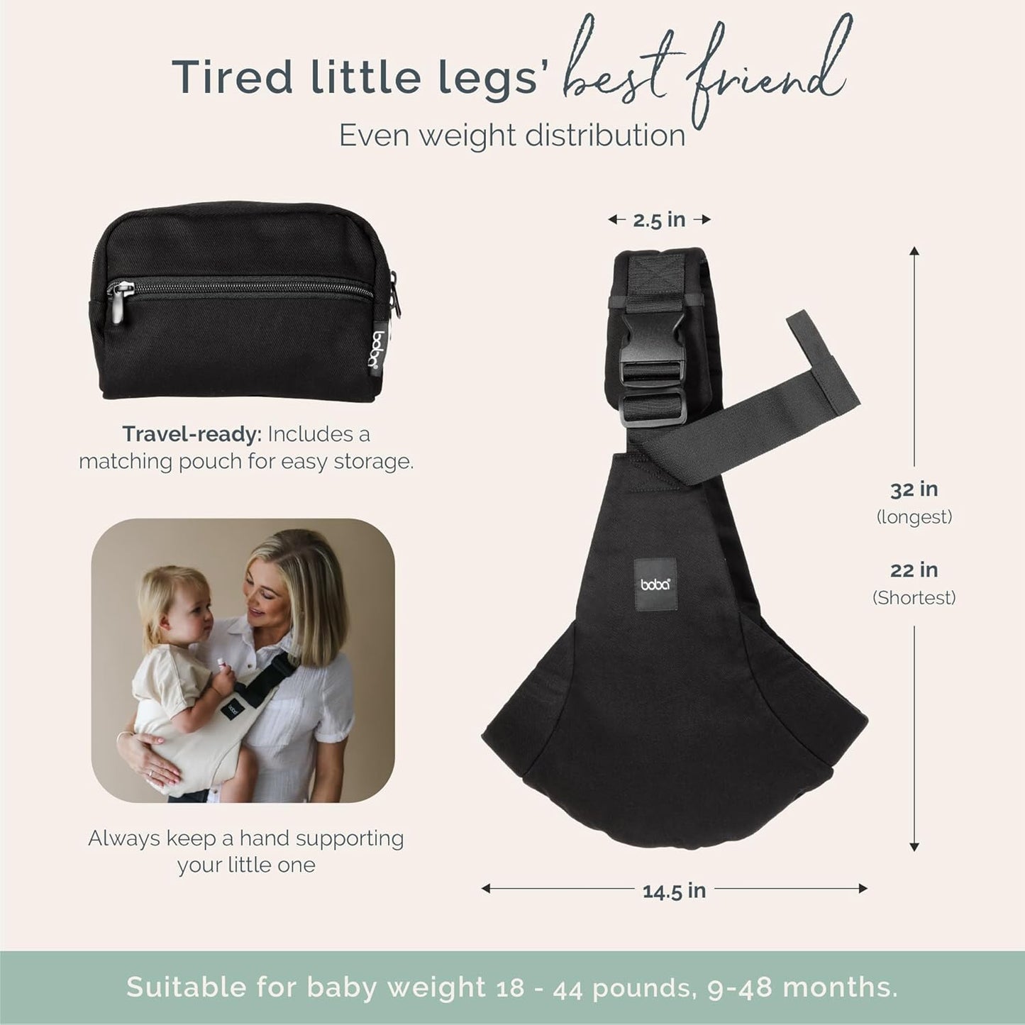 Boba Buddy Toddler Carrier Sling - 100% Cotton Baby Sling Carrier Toddler, Ergonomic with Adjustable Straps, Safety Buckle and Roomy Seat, Includes Matching Carry Bag (9–48 Months/18-44 lbs) - Black