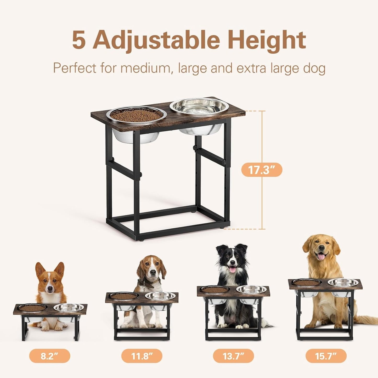 Zarler Elevated Dog Bowls for X-Large and Large Breed, 5 Adjustable Heights from 8.2'' - 17.3'', 2 Stainless Steel Bowls, 8.2'',11.8'',13.7'',15.7'',17.3'' Raised Dogs Food Bowl Stand