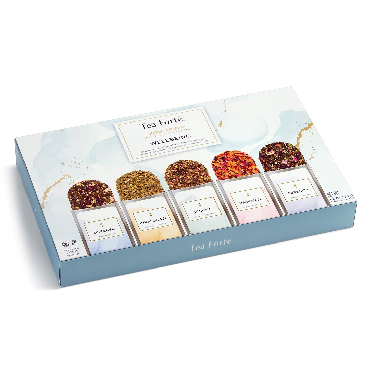 Tea Forte Single Steeps Loose Leaf Tea Sampler, Assorted Variety Tea Box, 15 Single Serve Pouches, Wellbeing Tea
