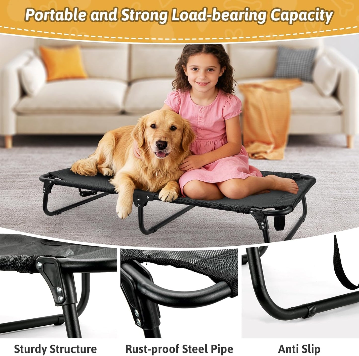 Foldable Elevated Dog Bed for Large Pet, No-Assembly-Need Folding Raised Dog Bed, Waterproof Outdoor Dogs Cot Cooling Pet Hammock Beds with Breathable Mesh, Chew-Proof, Black