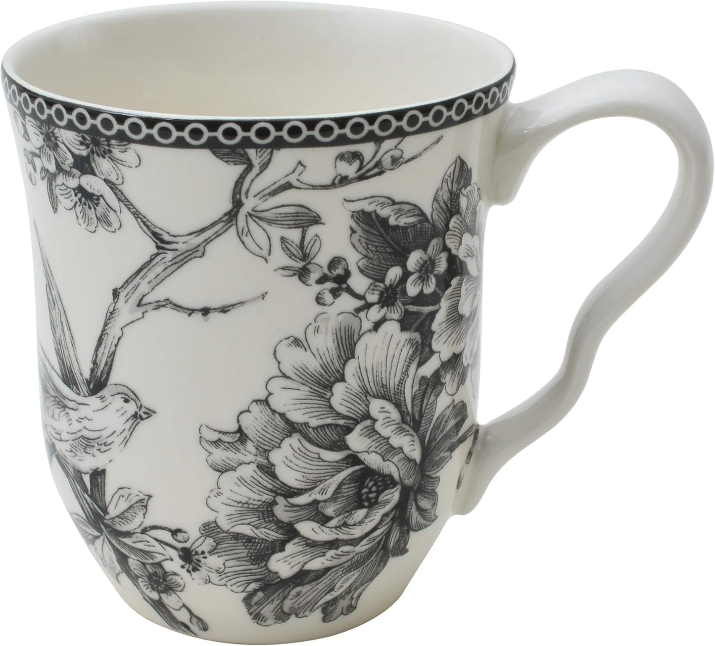222 Fifth Adelaide 16-Piece Black Porcelain Dinnerware Set – Service for 4, Featuring Hand-Applied Romantic Woodland Bird Design, Everyday Big Dinner Plates and Bowls Sets, Microwave & Dishwasher Safe