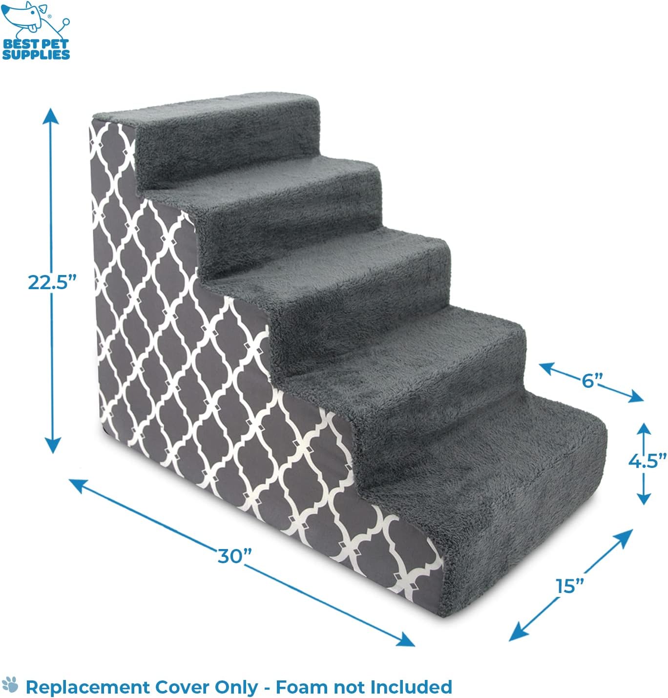 Best Pet Supplies Foam Pet Steps Cover for Small Dogs and Cats, Portable Ramp Stairs for Couch, Sofa, and High Bed Climbing (Cover Only) - Gray Lattice, 5-Step (Cover Only)