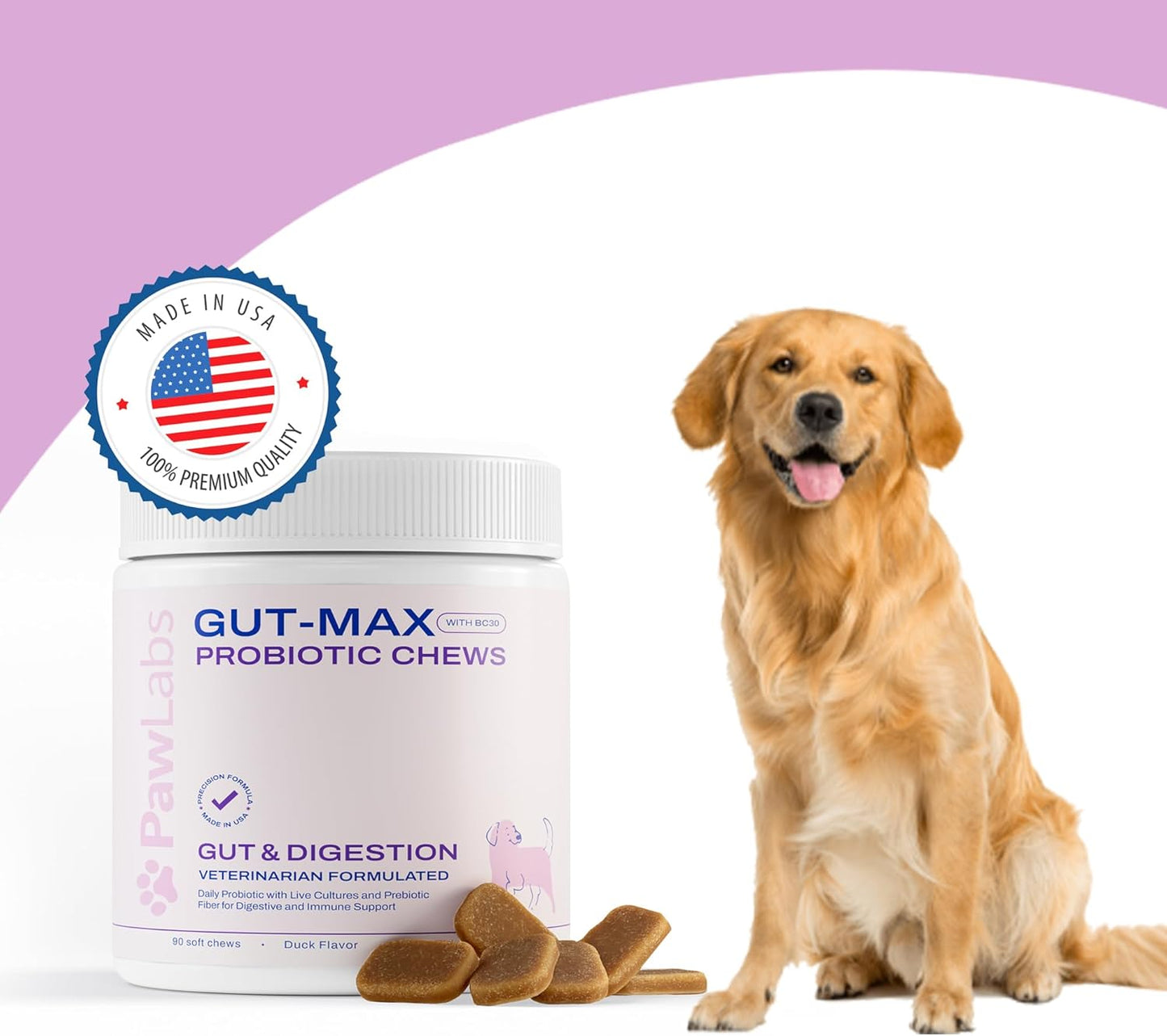 PAWLABS Gut Max Probiotic Chews - Natural, Vet Formulated Digestive & Immune Support - Relieves Diarrhea, Constipation - with Patented BC30™ Bacillus Coagulans - Duck Flavor - 90 Soft Chews