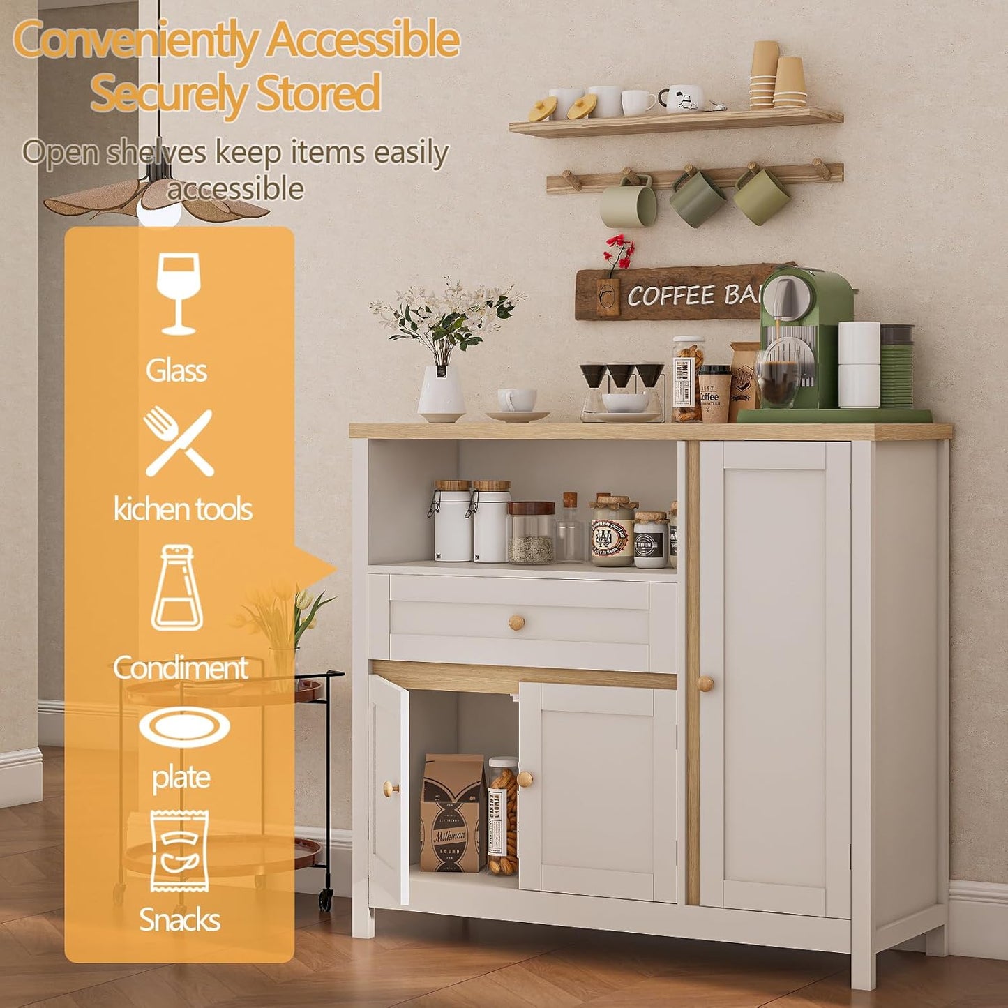 Storage Cabinet with Doors and Drawers,Kitchen Storage Cabinets，with Drawer and Adjustable Shelf（White）