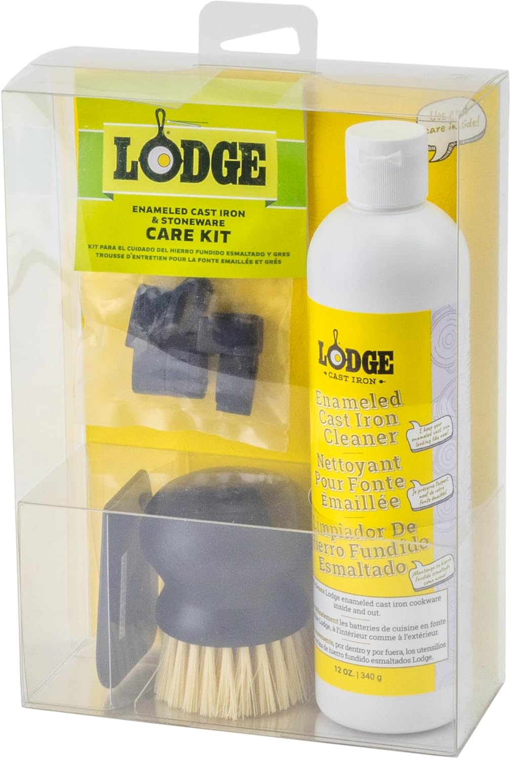 Lodge Enameled Cast Iron & Ceramic Stoneware Cleaner Care Kit - Set Includes 11oz Cleaner, Black Pan Scraper, Scrub Brush, Package of Pot Protectors, and Use & Care Booklet - 5 Piece Set