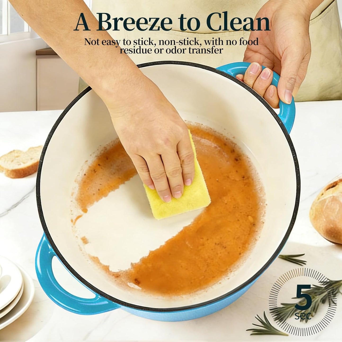 Enameled Cast Iron Dutch Oven with Lid -6.5 QT, incl. Sourdough Bread-Baking Supplies like Banneton Proofing Basket, Heavy Duty Cookware Bread-Oven for Baking, Stews, and Roasting, Sea Blue