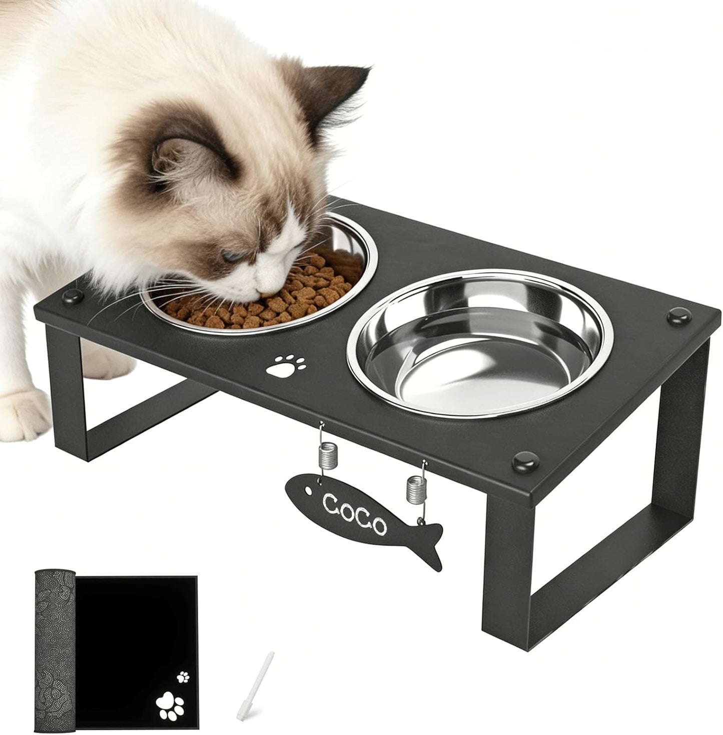 Elevated Cat Bowls with Splash Proof Mat for Kitten Puppy, 10° Tilted Raised Bowl Stand Anti-Vomiting, 2 Wide Shallow Stainless Steel Bowls, Whisker Friendly, 3.5" Tall
