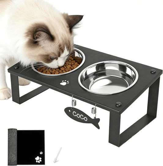 Elevated Cat Bowls with Splash Proof Mat for Kitten Puppy, 10° Tilted Raised Bowl Stand Anti-Vomiting, 2 Wide Shallow Stainless Steel Bowls, Whisker Friendly, 3.5" Tall