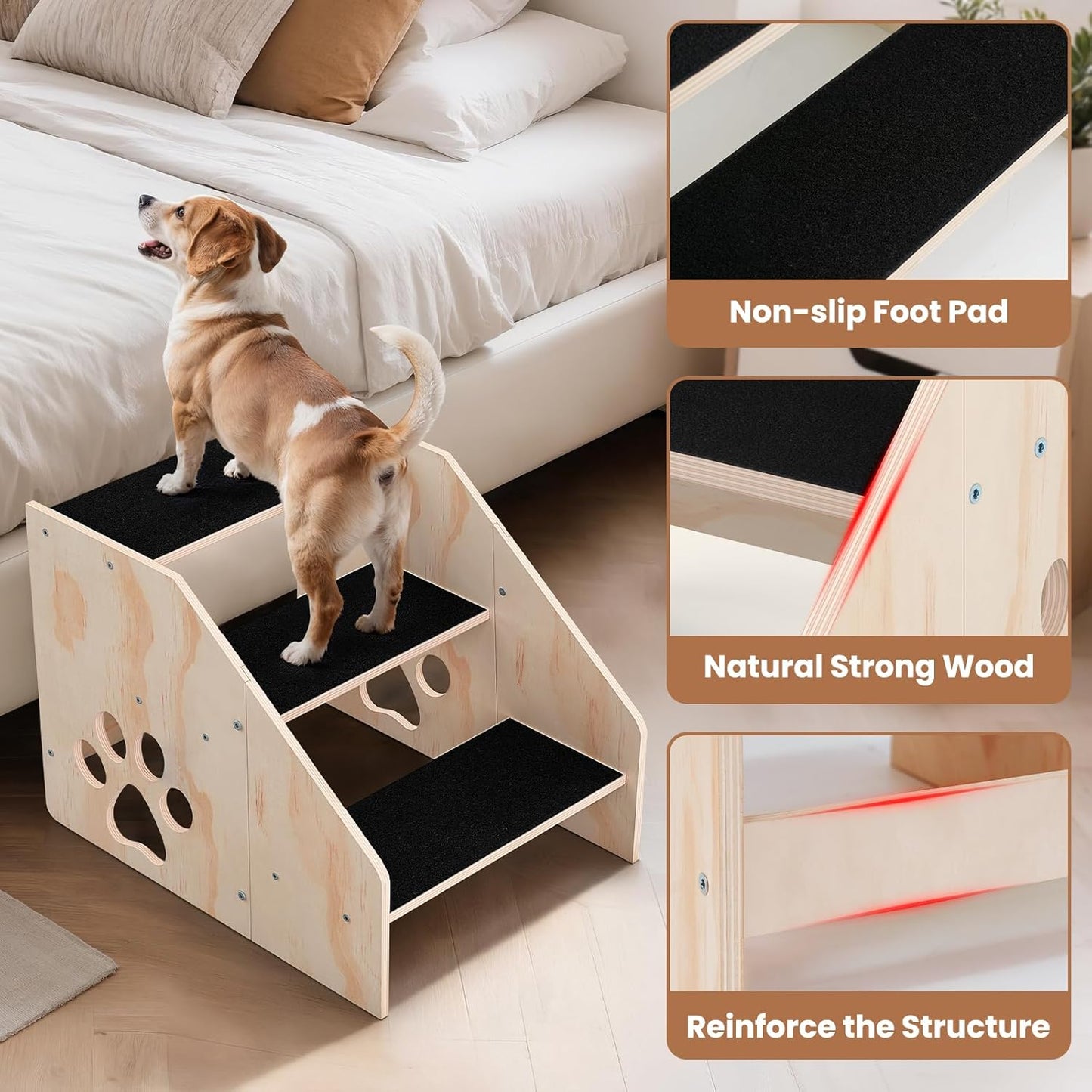 Dog Stairs, Wooden 3-Step Dog Ramp for Small Medium Large Older Cat, Puppy Essentials Pet Step Ladder for High Bed Couch Car