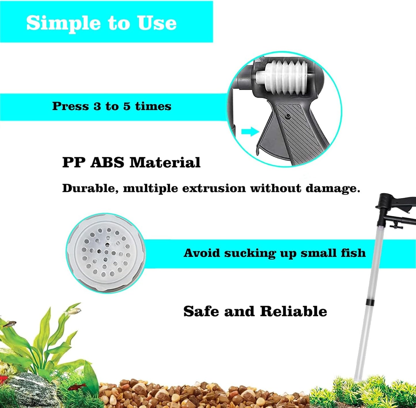 Carefree Fish Aquarium Gravel Cleaner 15~30In with 6Ft Water Hose Fish Tank Water Changer Sand Vacuum with Skimmer Net and Long Handle Sponge Brush Algae Scraper