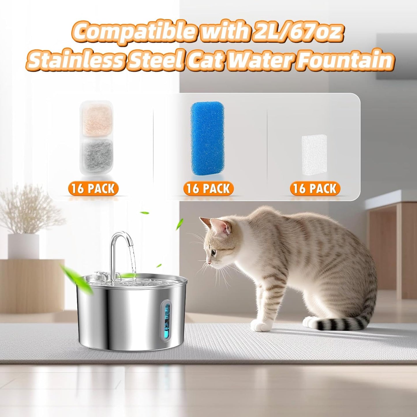 16 Sets Cat Water Fountain Filter Compatible with oneisall 67oz/2L Stainless Steel Cat Water Fountain, Activated Carbon Ion Resin Food Grade PP Cotton, Fresh and Clean