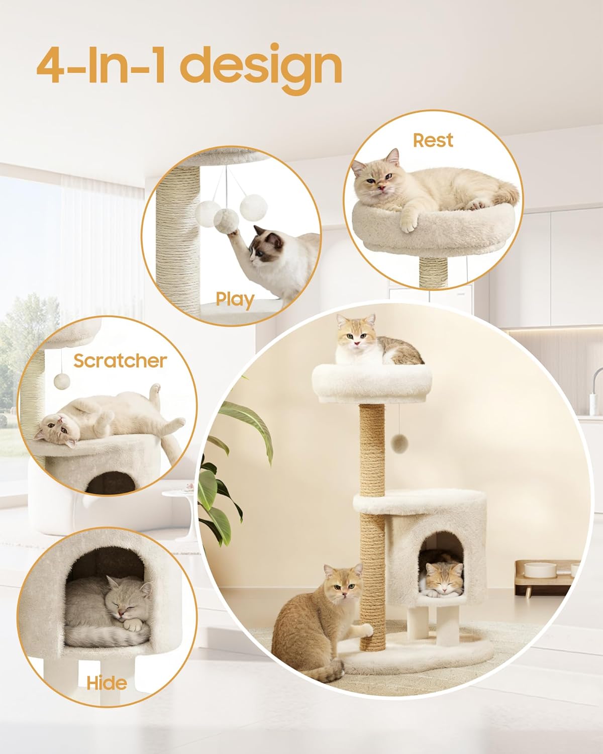 Cat Tree, 34.3 Inches Cat Tower with Scratching Post, Condo, Interactive Hanging Ball, Plush Perch for Indoor Large Cats, Beige