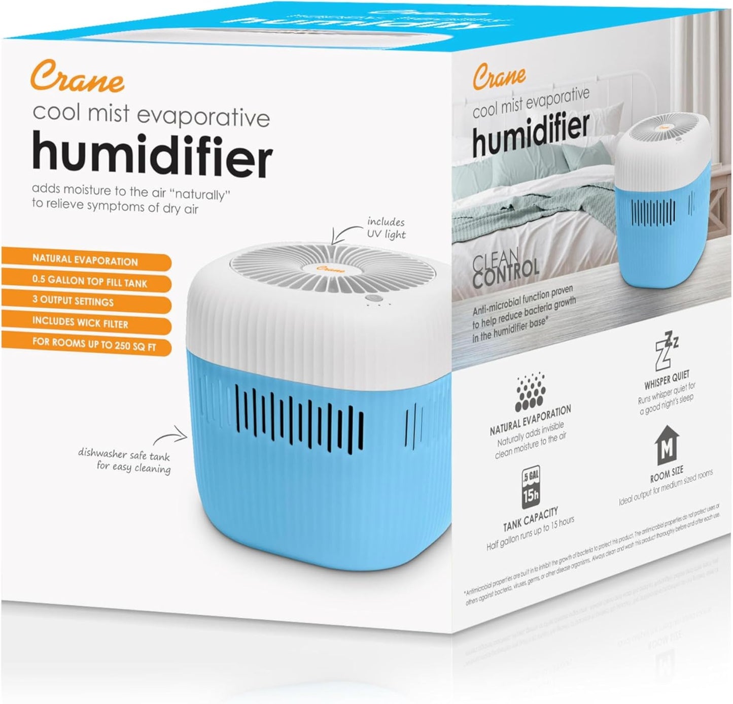 Crane Evaporative Humidifier With Wick Filter, Dishwasher Safe Tank, UV Light, Invisible Mist Evaporative Humidifiers for Bedroom, Nursery, Office, Easy Clean Humidifier 3.8L Tank, Up To 250 SQ FT