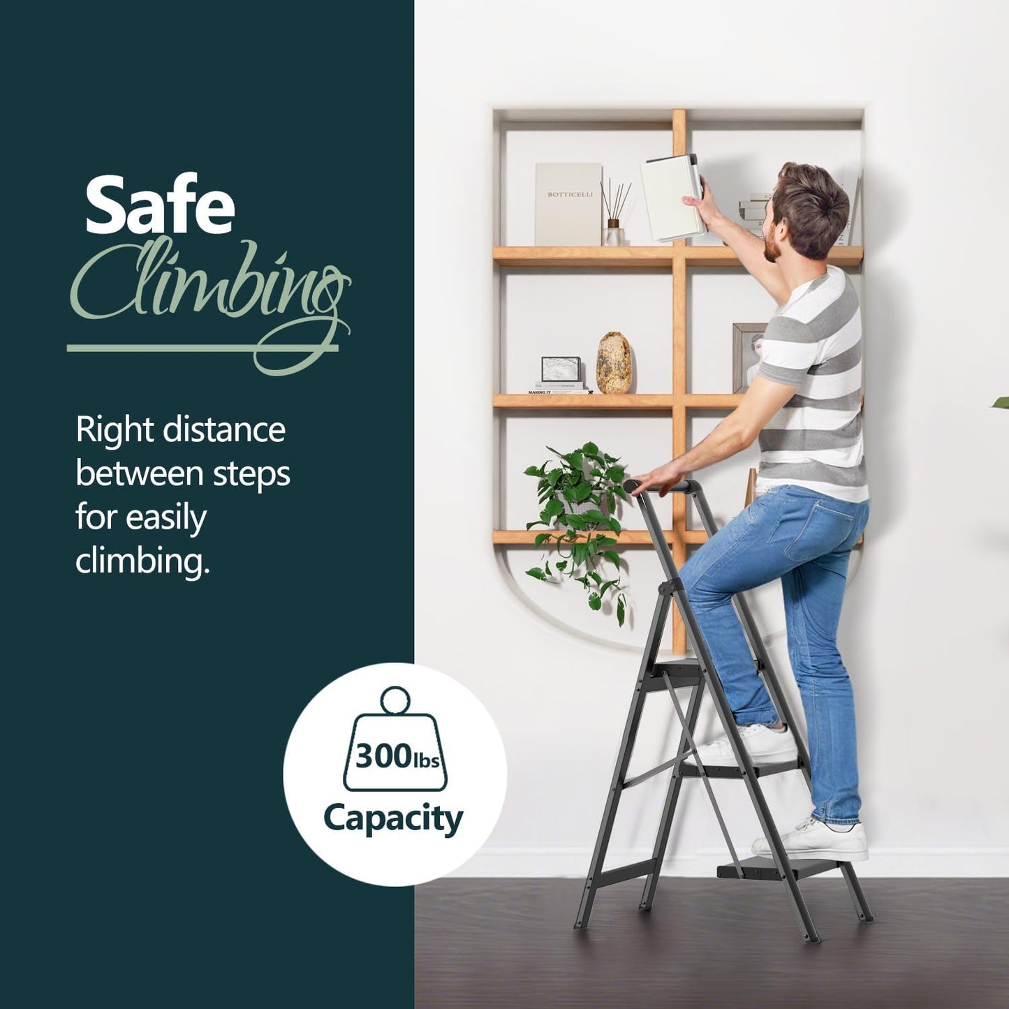 WOA WOA 3 Step Ladder, Ladders for Home, Anti-Slip Pedals, Aluminum Step Stool Foldable, Lightweight to Move, Ease of Storage, Reach 8ft for Closet Kitchen Library, Hold 300lbs - Black