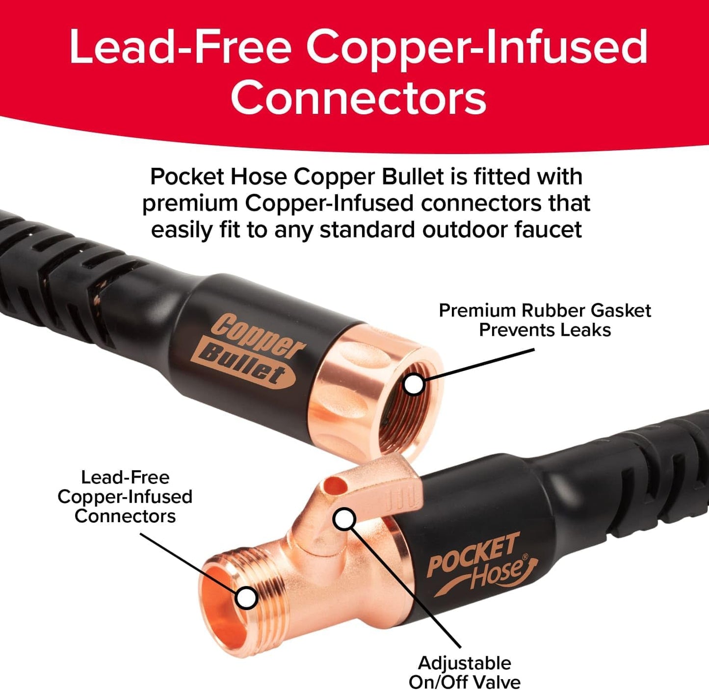 Pocket Hose 50 FT Copper Bullet Expandable Garden Hose w/10 Pattern Thumb Spray Nozzle AS SEEN ON TV 650psi 3/4 in Patented Lead-Free Ultra-Lightweight Solid Copper Anodized Aluminum