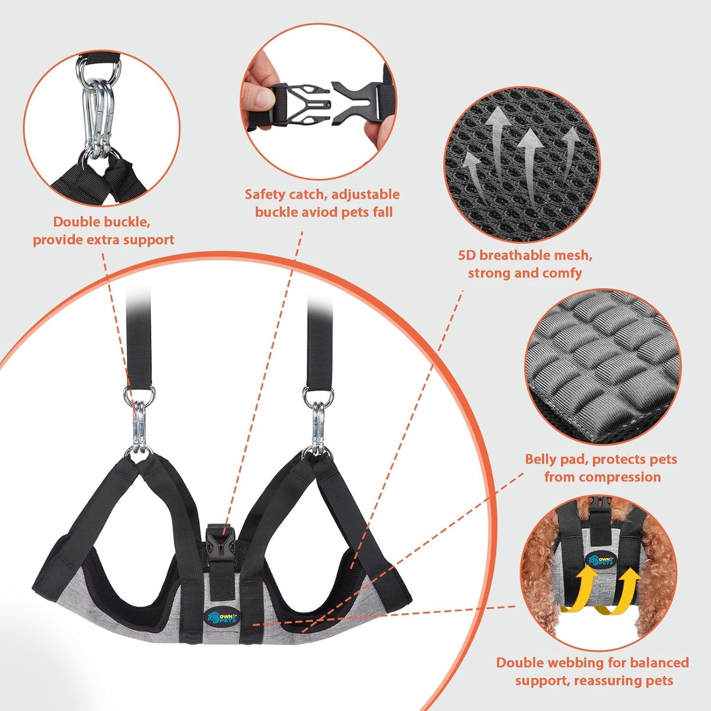Ownpets Pet Grooming Hammock, Breathable Dog Grooming Hammock with Carabiners, Pet Grooming Harness Sling for Grooming, Hair Nail Trimming Cutting & More, M