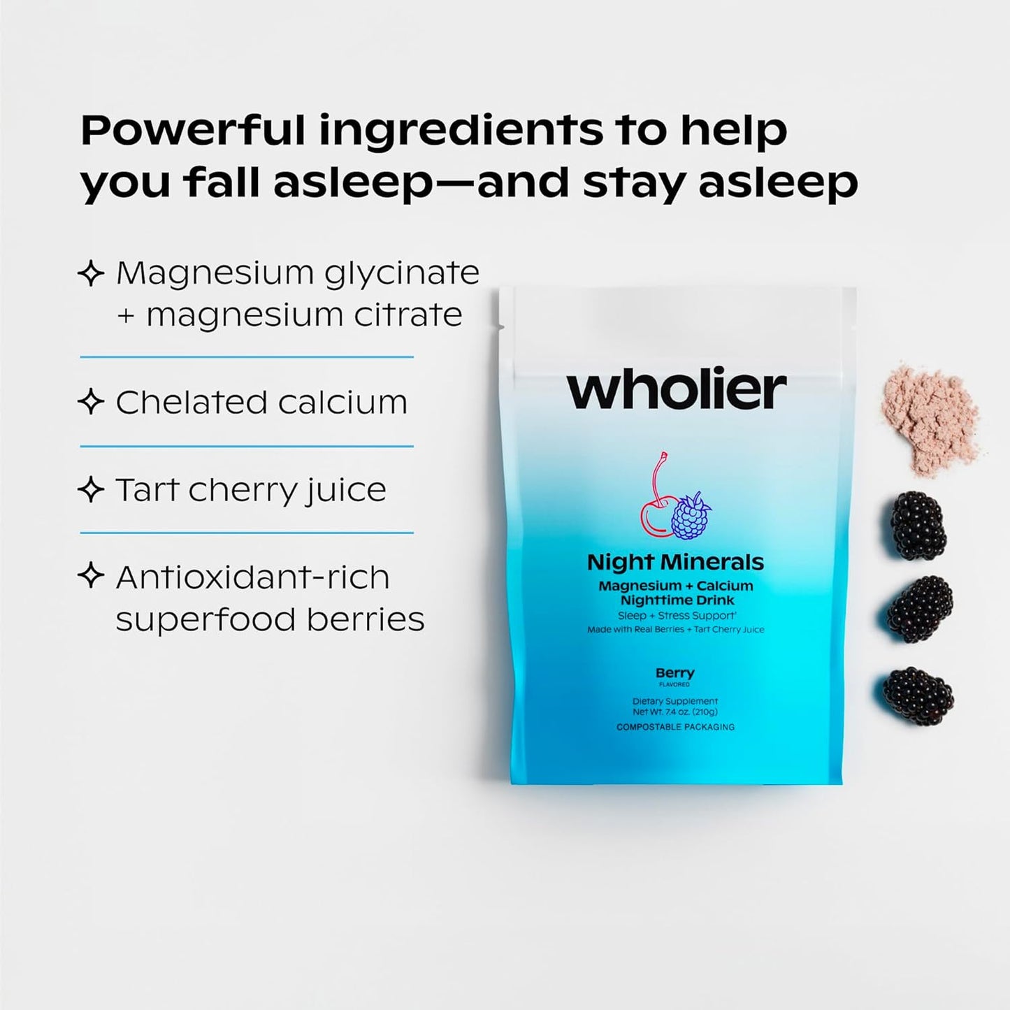 wholier Magnesium Glycinate, Tart Cherry Juice, Chelated Calcium. Calming Nighttime Drink. Natural Support for Sleep, Stress + Relaxation. Night Minerals. (About 25 Servings)