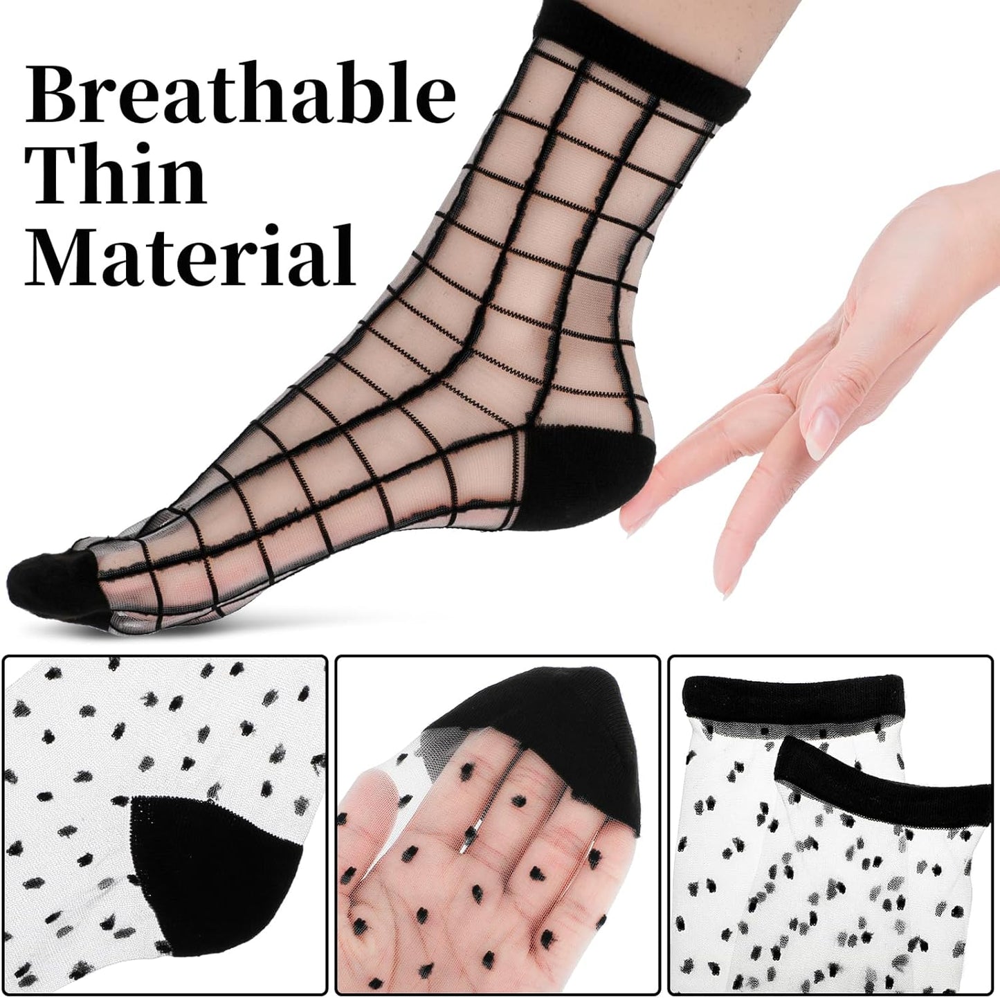 Lusofie 5 Pairs Sheer Black See-Through Socks - Checkered Dot Striped Plaid Ankle Summer Socks for Women - Thin Fashion