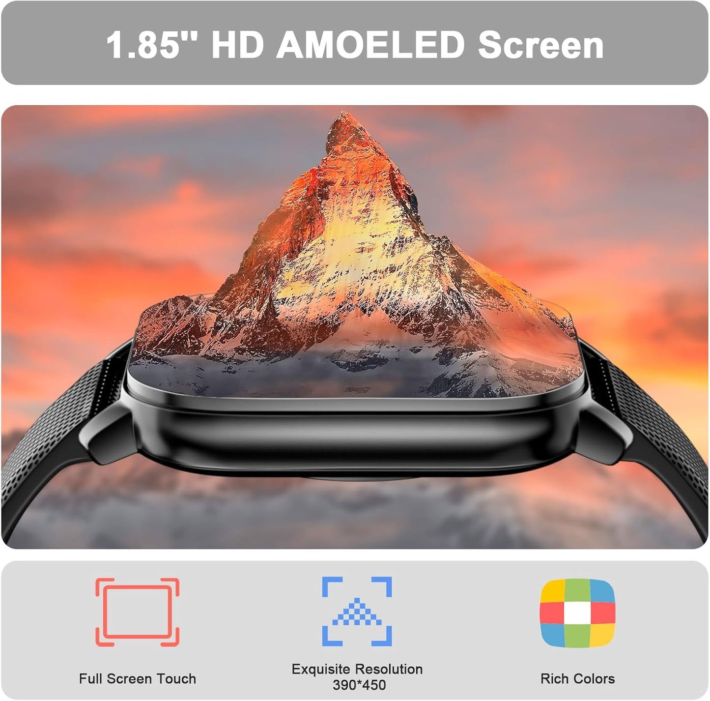 Smart Watch for Men Women, 1.85'' AMOLED HD Fitness Watch with 120+ Sports Modes, Bluetooth Call/Heart Rate/Sleep Monitor/Pedometer, Smartwatch for Android iOS, IP68 Waterproof, Light Black