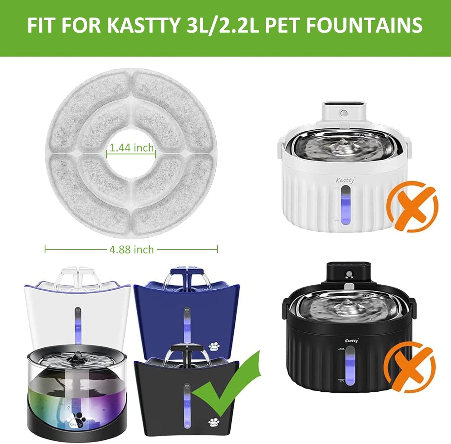 Kastty 16 Pack Replacement Filters - Activated Carbon & PP Cotton Cat Water Fountain Filters for Kastty & Other Dispensers