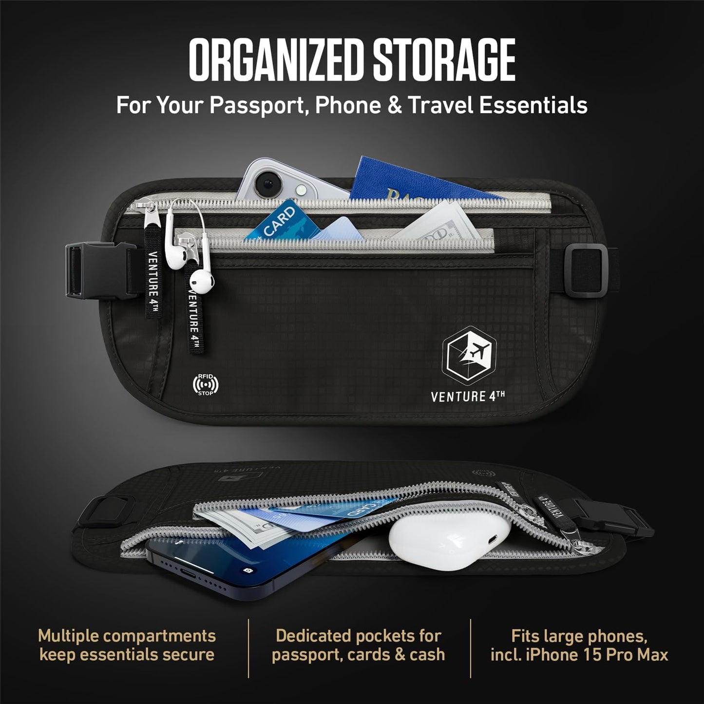 VENTURE 4TH Money Belt for Travel – Hidden Under-Clothes RFID Blocking Passport Holder & Slim Travel Wallet Pouch for Men & Women to Protect Cash, Cards & Documents (Black)