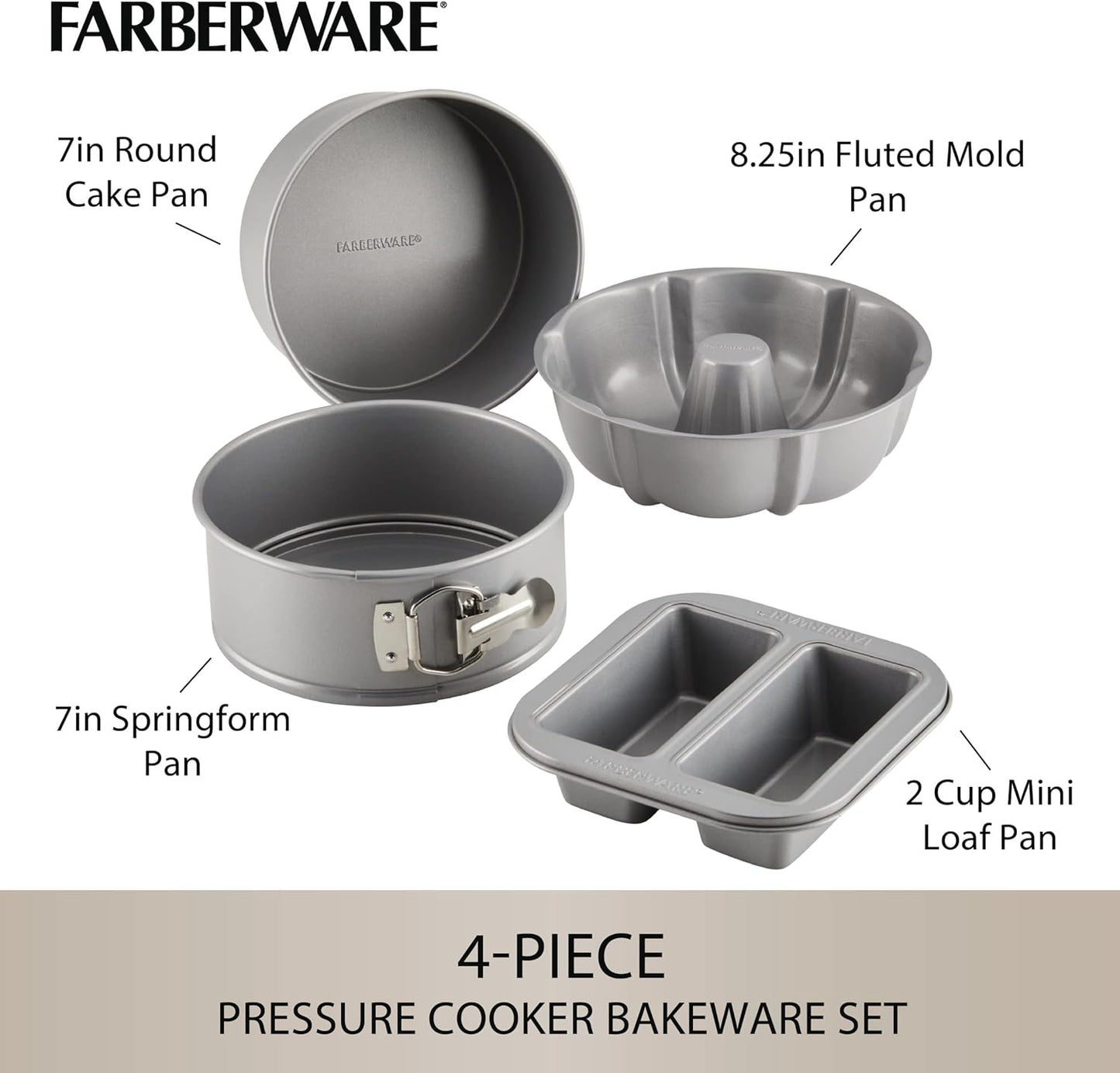 Farberware Specialty Bakeware Nonstick Baking Set for Pressure Cooker or in The Oven, 4 Piece, Gray