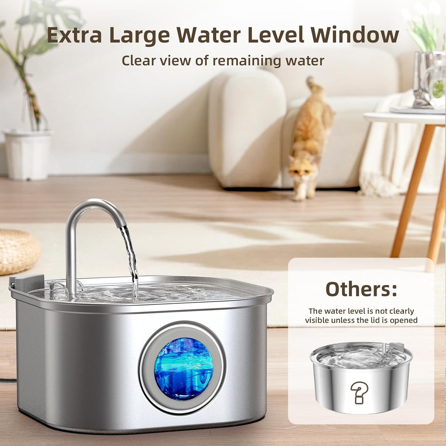 Casfuy PWS-120 Large Water Level Window Stainless Steel Dog & Cat Water Fountain, 108-oz