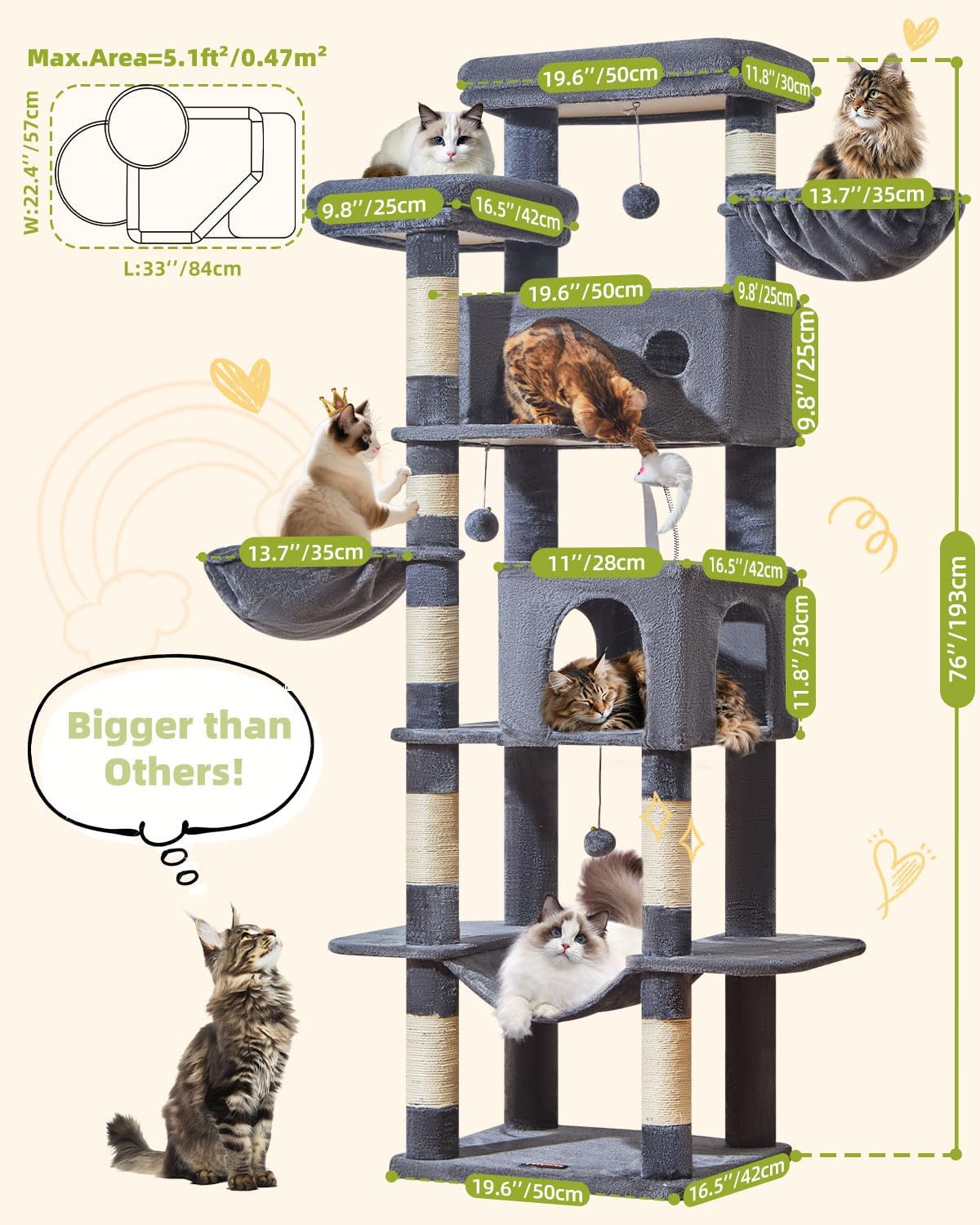Taoqimiao Cat Tree Tower, 76-Inch Sturdy Cat Tree for Indoor Cats Large Adult Cat Tower with Scratching Posts，2 Condos, 2 Perches, 2 Large Hanging Baskets, Soft Hammock, MS046G Smoke Gray