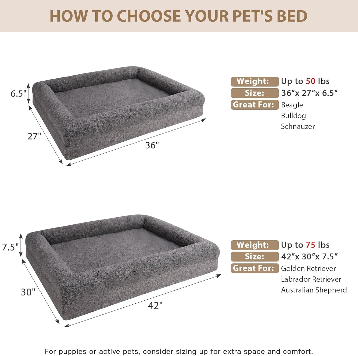 RRPETHOME Washable Dog Beds Large Sized Dog Couch, Extra Large Orthopedic Dogs Beds with Removable Cover, Waterproof Pet Bed with Bolsters, Pet Sofa Bed with Non Slip Bottom, Large, Grey