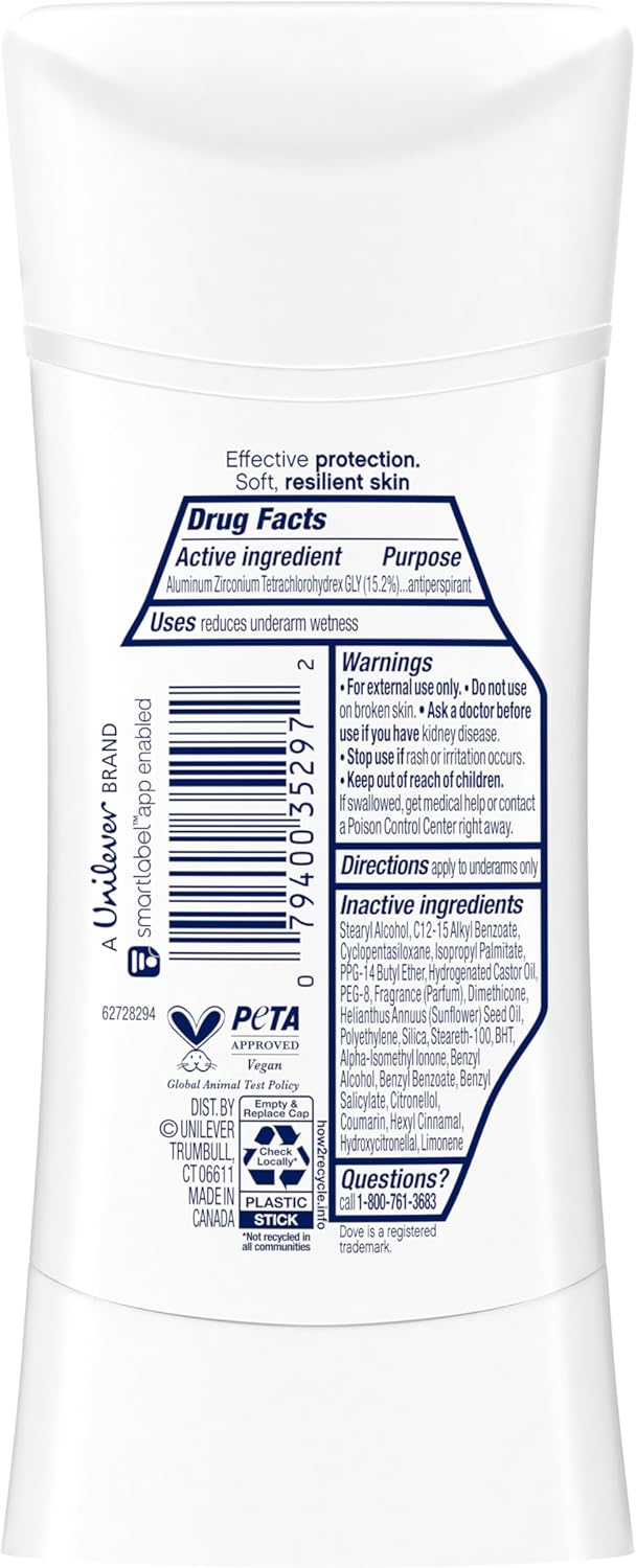 Dove Advanced Care Antiperspirant Deodorant Stick Cool Essentials 4 ct for helping your skin barrier repair after shaving 72 hour odor control and sweat protection with Pro Ceramide Technology 2.6 oz