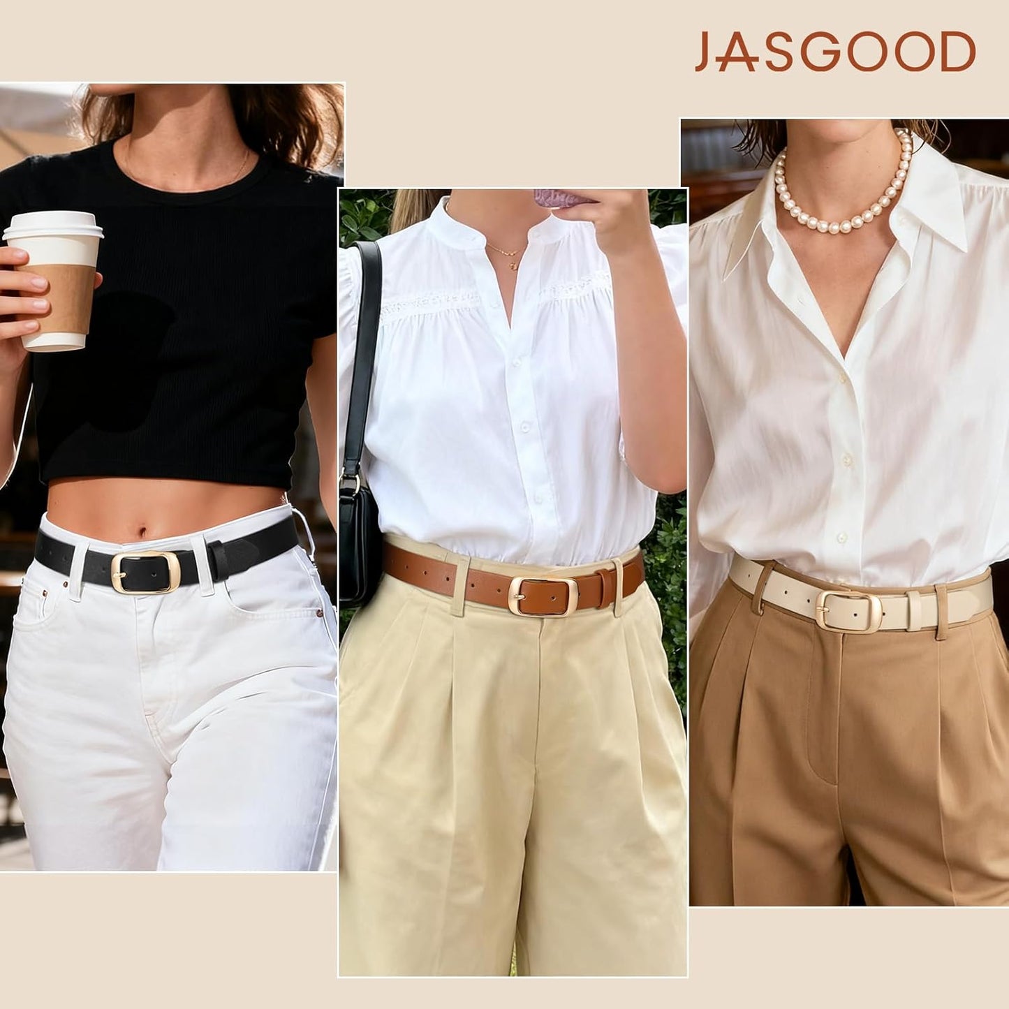 JASGOOD 3 PACK Women Belts for Jeans Pants Fashion Ladies Leather Waist Belt with Gold Buckle