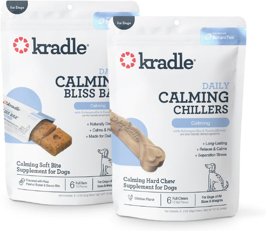 Kradle Calming Bundle for Dogs - Bliss Bars (6) + Chillers (6) - Peanut Butter & Chicken Flavors -Ashwaganda GABA L-Theanine - Supports a Calm Demeanor