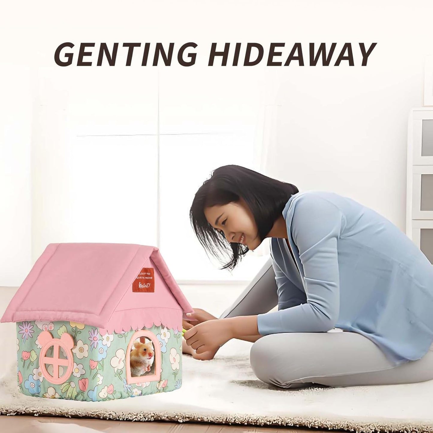 Hamster Hideout Hamster House & Rat Hideout with Removable Bracket, Breathable Small Animal Bed for Hamsters, Golden Bears - Easy Clean, No Bottom Design, 10.43” L x 9.25” W x 7.48” H (Pink)