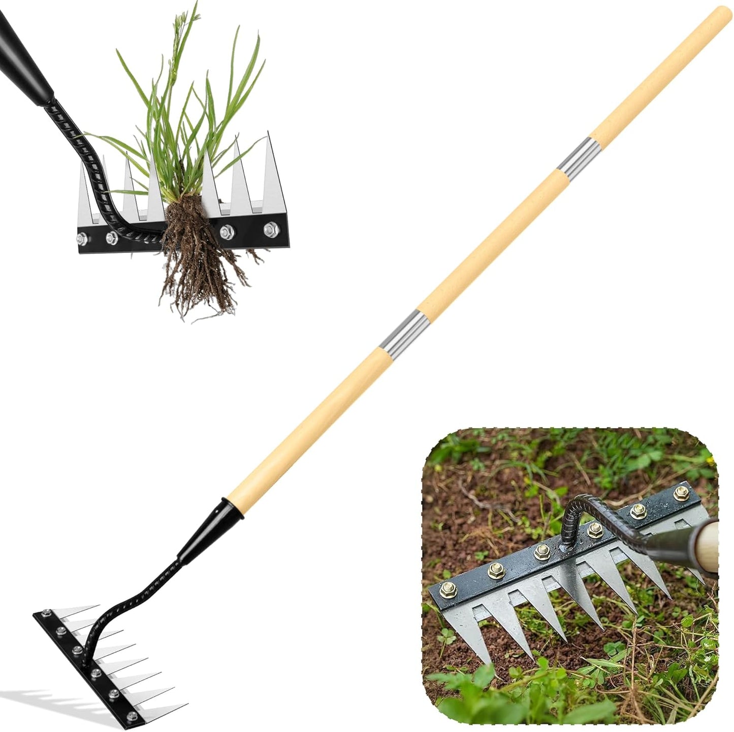 Iron Weeding Rake with Handle 2.0, Upgraded 8 Teeths Garden Weed Puller Tool Heavy Duty Gardening Tool for Lawn, Flower Beds & Soil Aeration