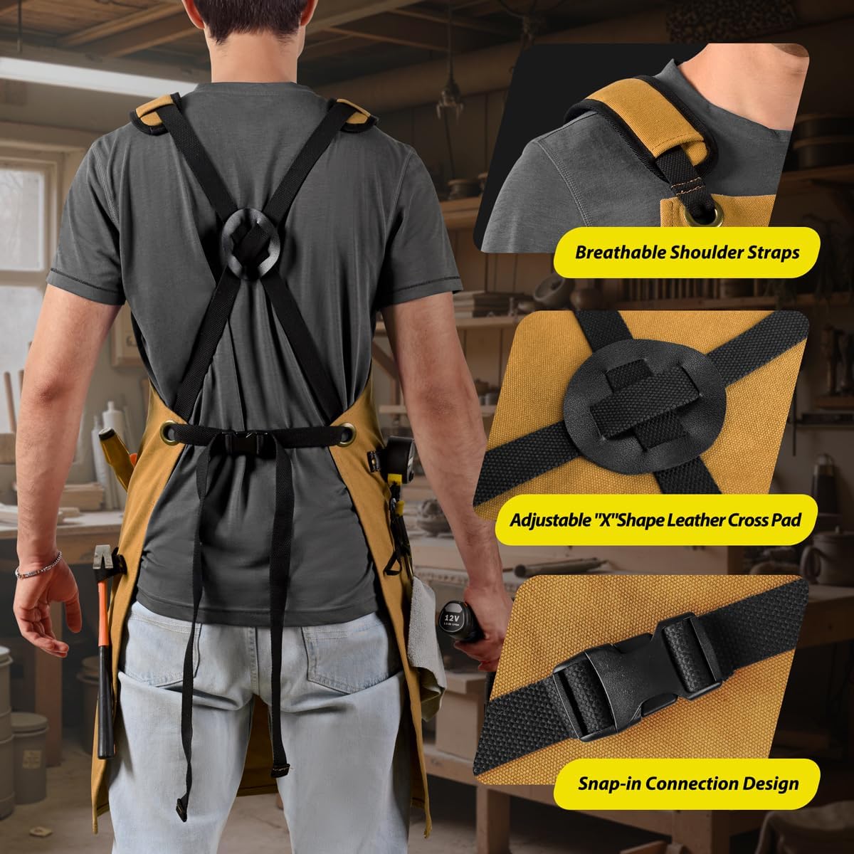 ROTANET Woodworking Apron for Men, Canvas Work Aprons Waterproof Heavy Duty Tool Pockets for Shop Carpenter Woodworkers Gifts