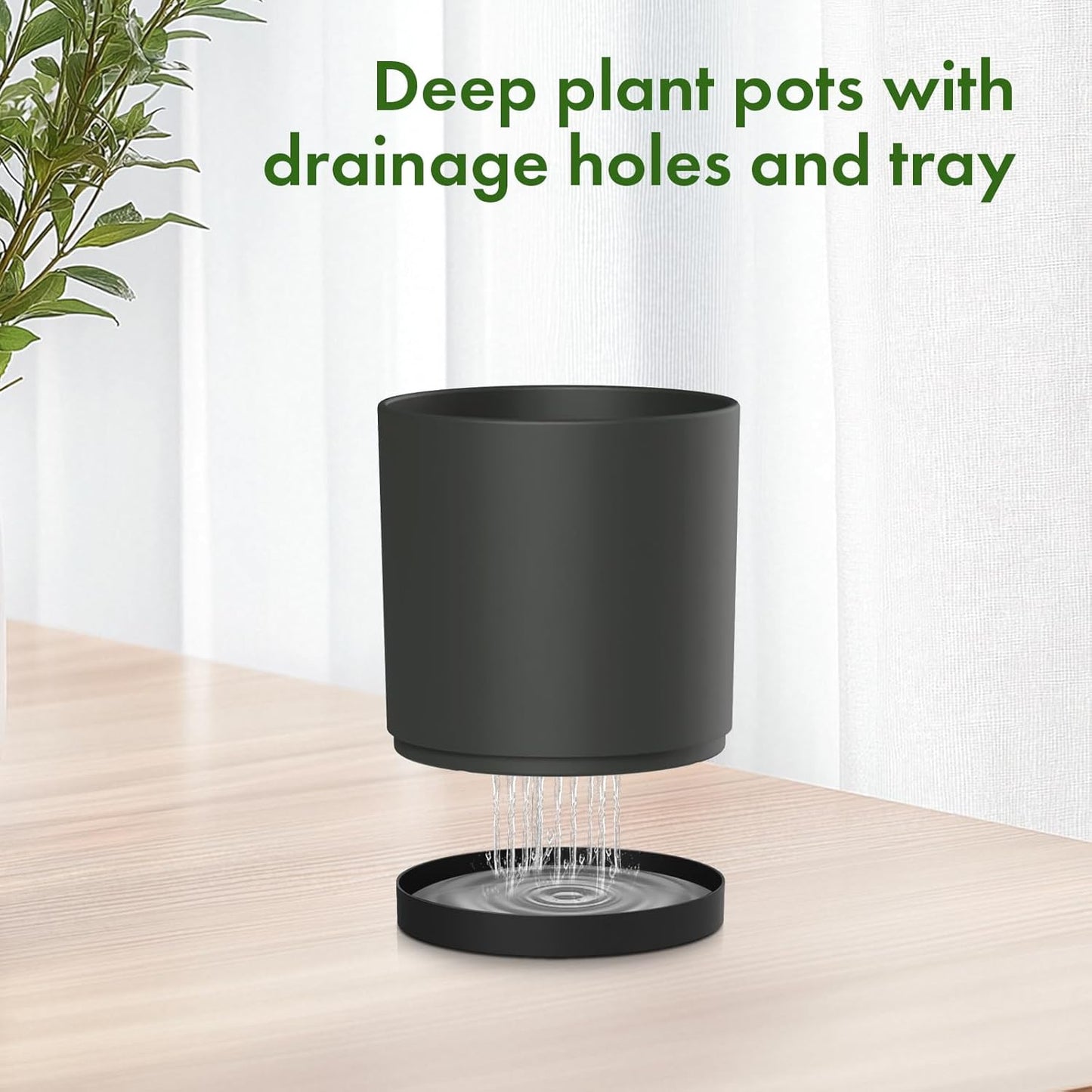 8/7/6 inch Plant Pots, 3 Set Cylinder Flower Pots for Outdoor Indoor Plants, Decorative Plastic Planters with Drainage Holes and Saucers for Garden House Plants, Black