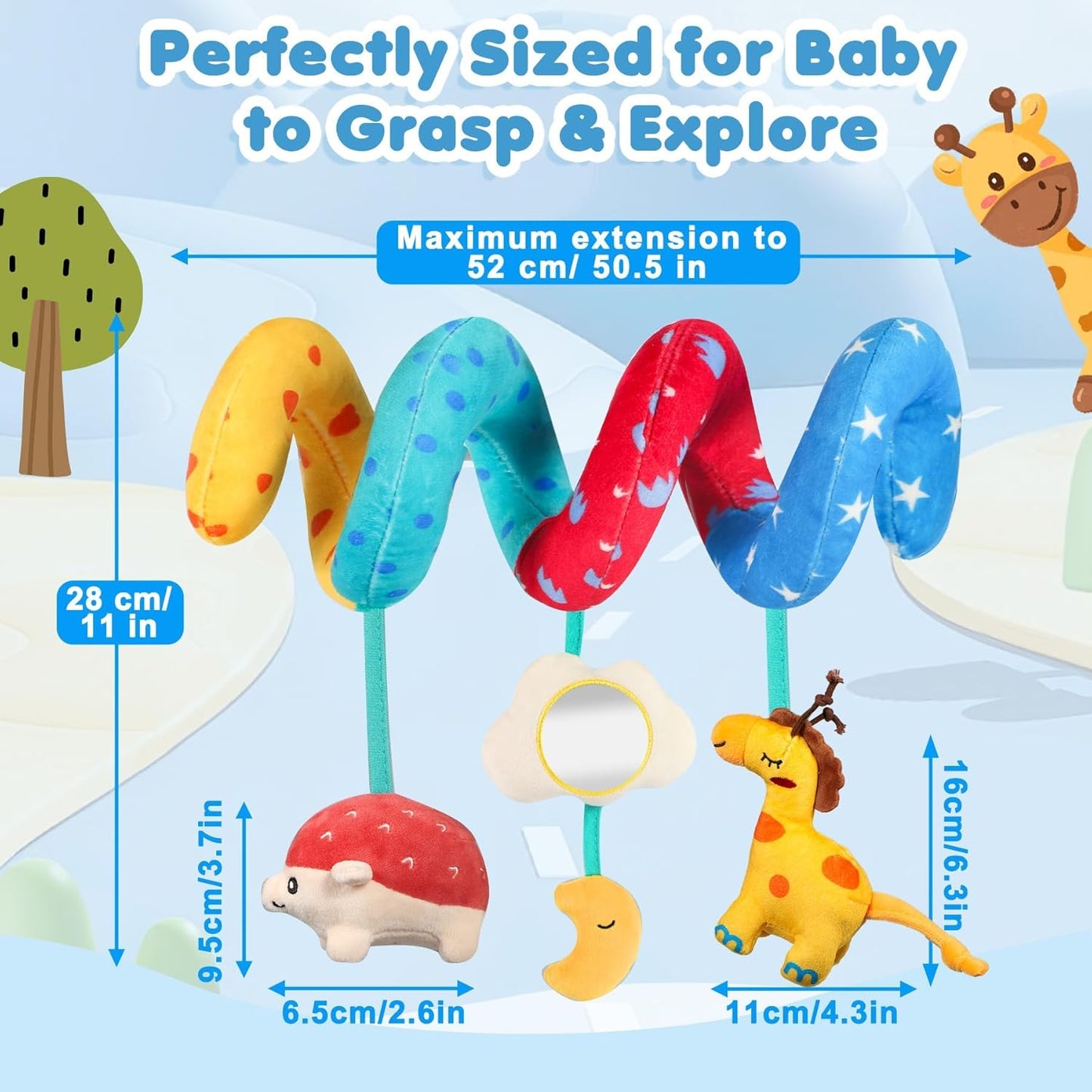 URMYWO Car Seat Toys for Babies 0-6 Months, Hanging Toy Fits Stroller, Sensory Baby Toy with Bell Crinkle Mirror, Baby Travel Gear Shower Gift for Boys Girls, Easter Basket Stuffers