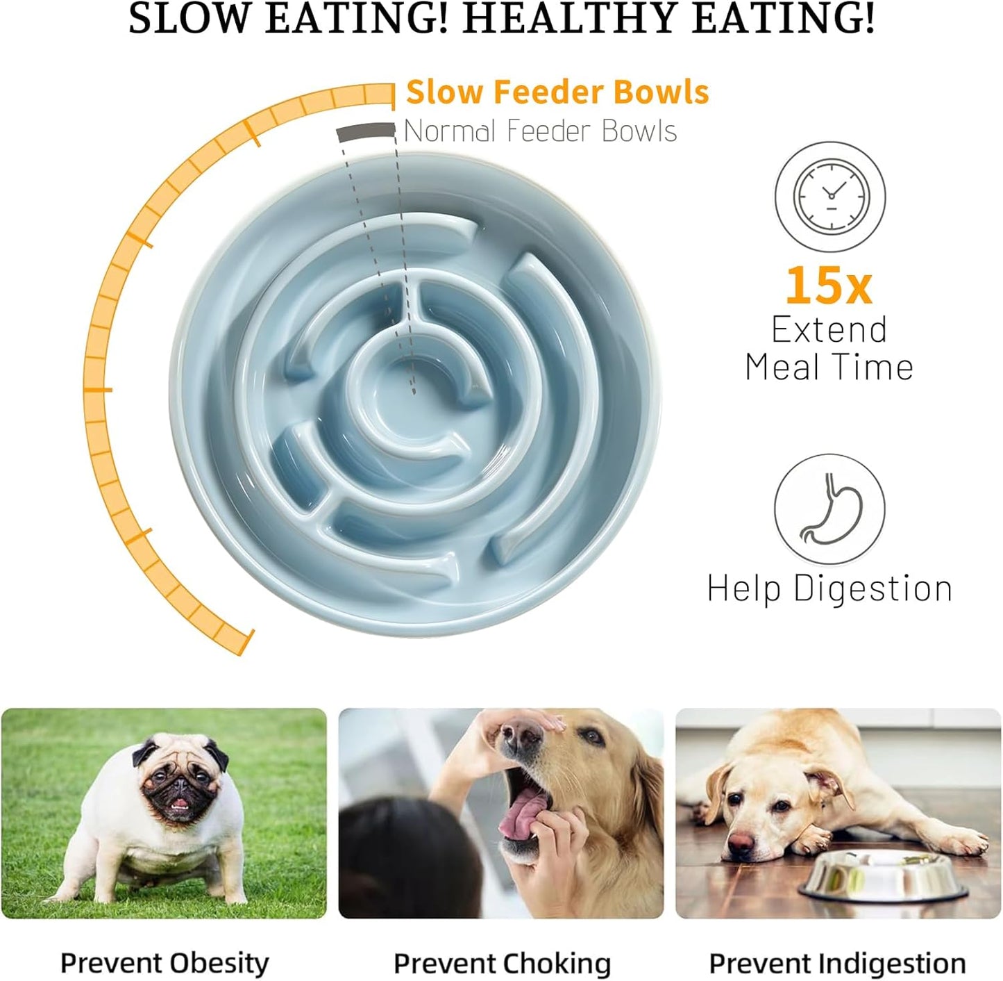 Ceramic Slow Feeder Dog Bowl,1.5 Cups Pet Slow Feeder for Small and Medium Breed,Puzzle Dog Food Dish,Anti-Gulping,Stop Bloat,Preventing Choking(Blue)