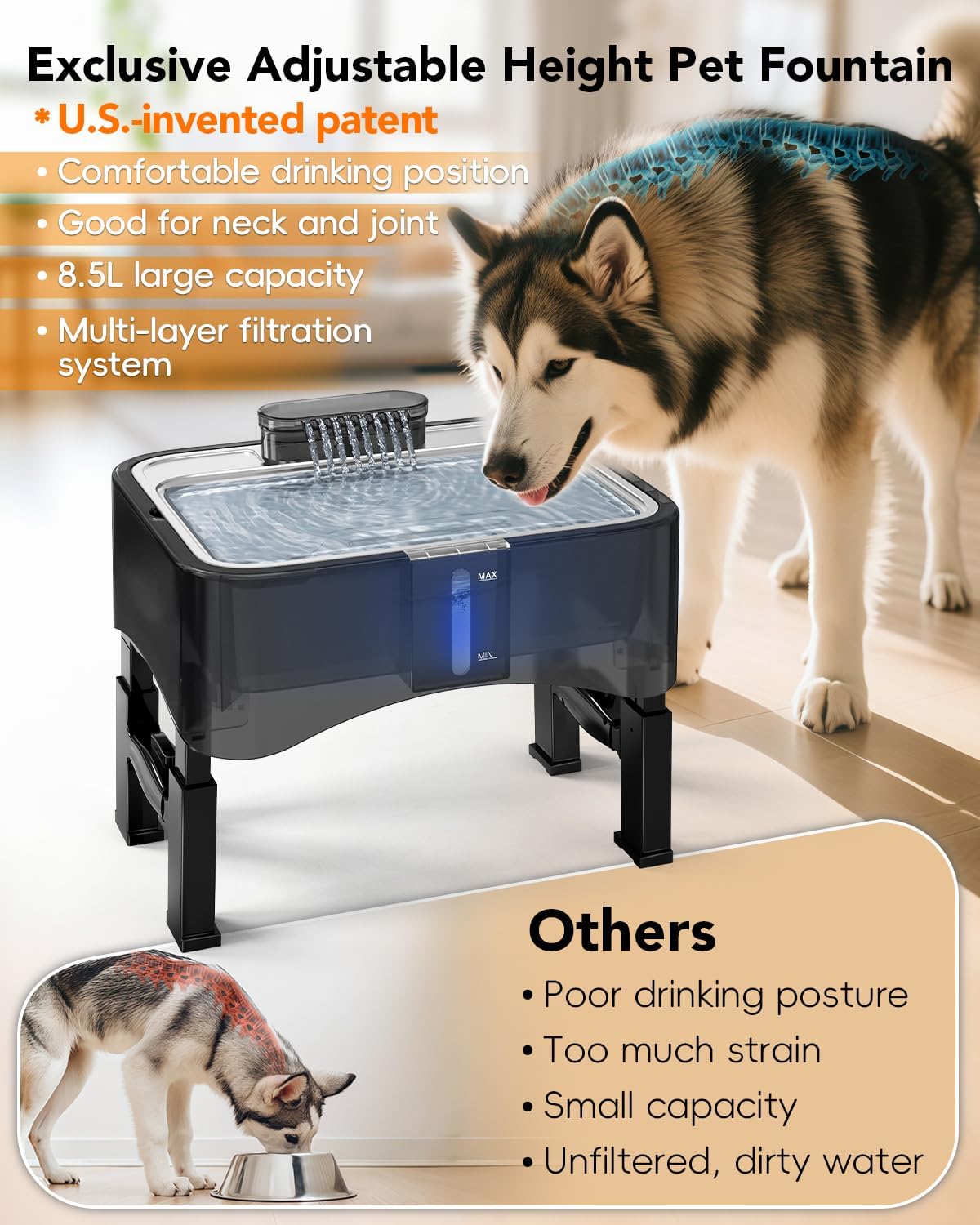 UPSKY Replacement Pump for 2.25 Gallon/8.5L Elevated Dog Water Fountain, Upgraded Water Pump with Water Tube, LED Indicator, Clog Alert, USB Power Cord