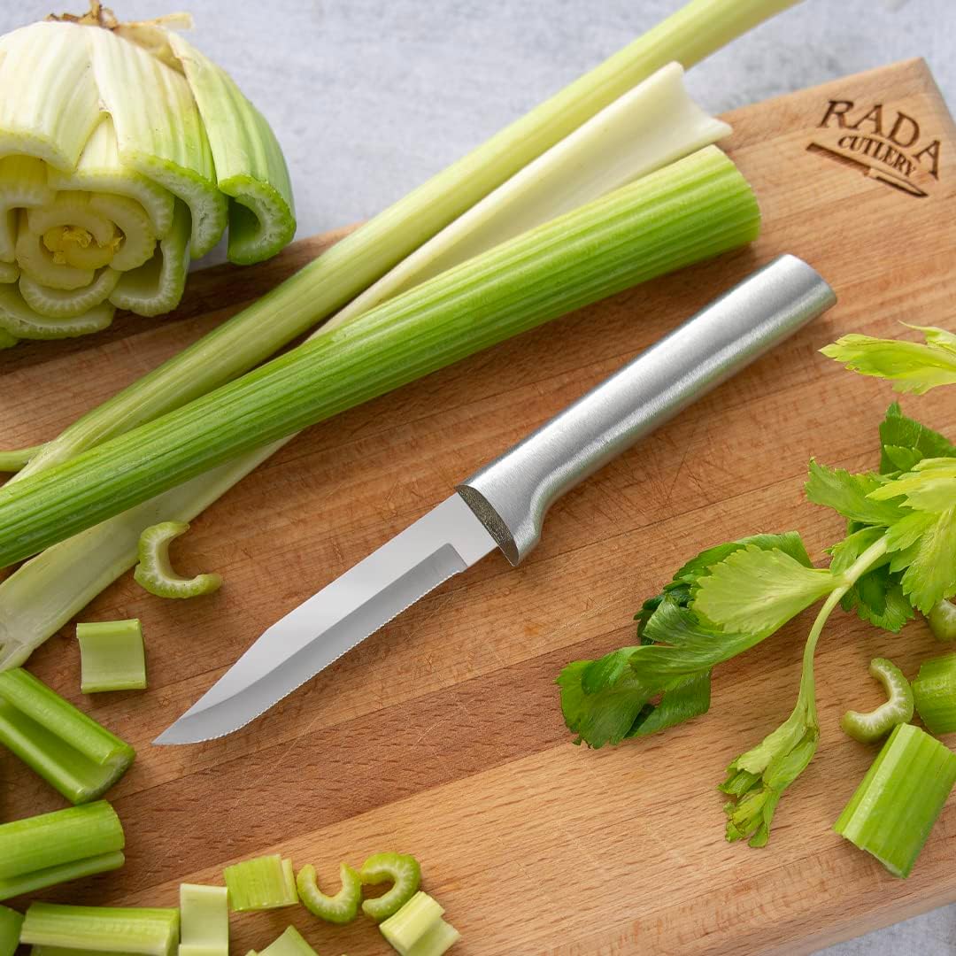 Rada Cutlery Serrated Regular Paring Knife (R142), 3.25" Stainless Steel Fine-Serrated Blade, Silver Handle, Pack of 2