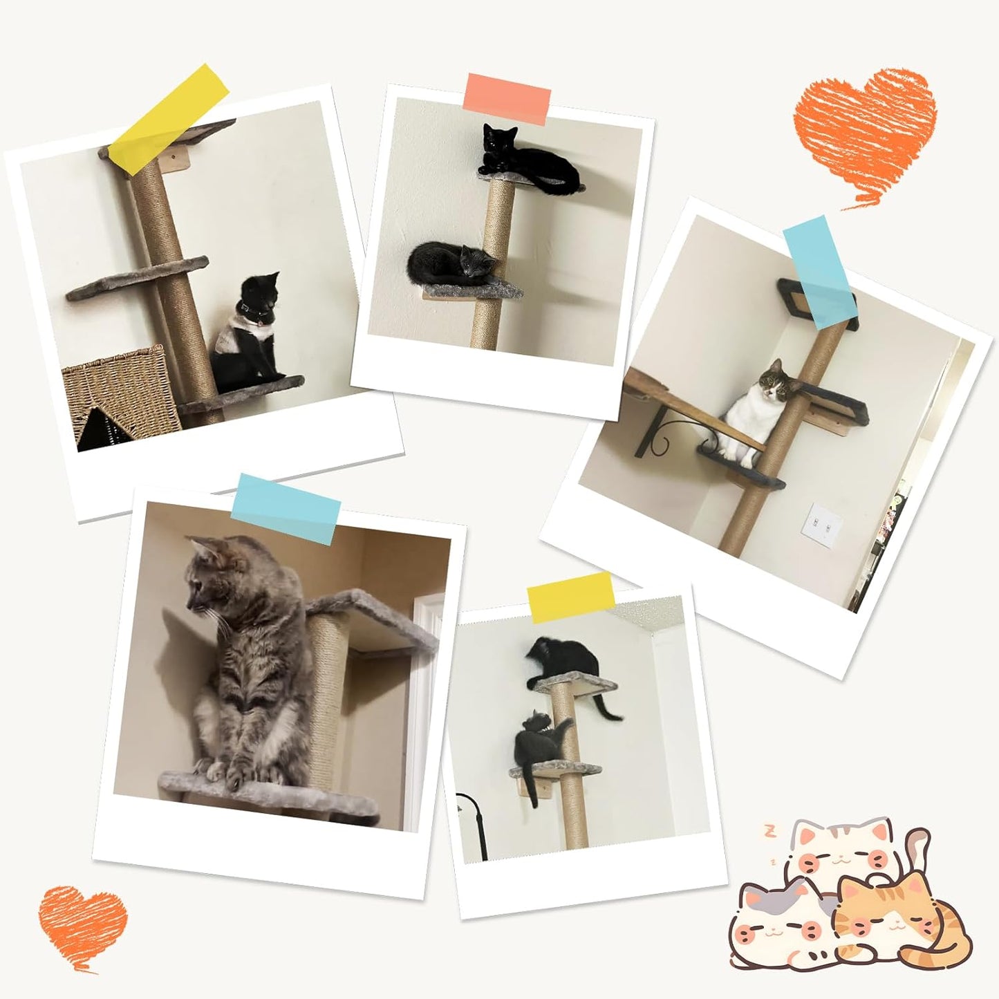 PAWSCRAT Cat Wall Shelves, Wall-Mounted Cat Tree, 5 Tier Floor to Ceiling Cats Tower, 80 Inch Wall-Mounted Cat Scratching Post, Space Saving Cat Furniture and Easliy Climb for All Cats, Gery