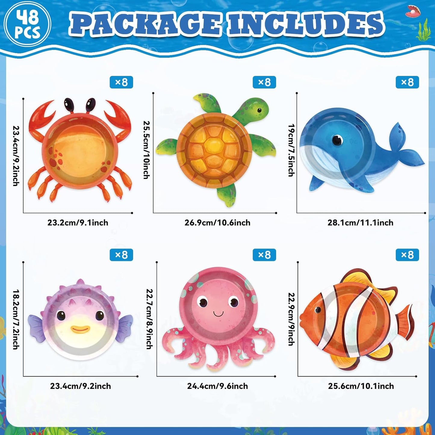 48Pcs Ocean Animal Shaped Paper Plates Under the Sea Party Supplies Sea Animal Tableware 7In Underwater Dinner Plates for Boys Girls Marine Animal Birthday Party Baby Shower Decorations