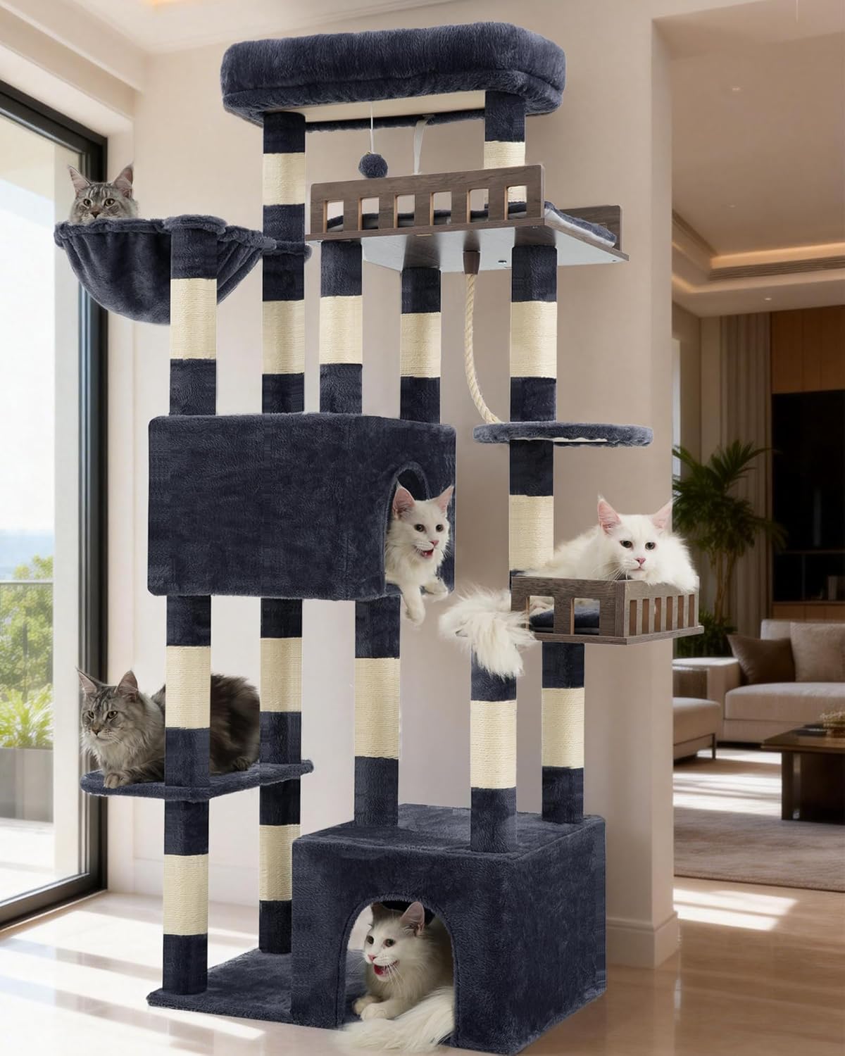 Maine Coon Cat Tree, Heavy Duty Cat Tree for Indoor Cats Large Adult, Cat Tower for Large Cats 20 lbs+ with Hammock, 2 Big Perches, 2 Cat Condos, 15 Scratching Posts, Smoky Gray GCT033G