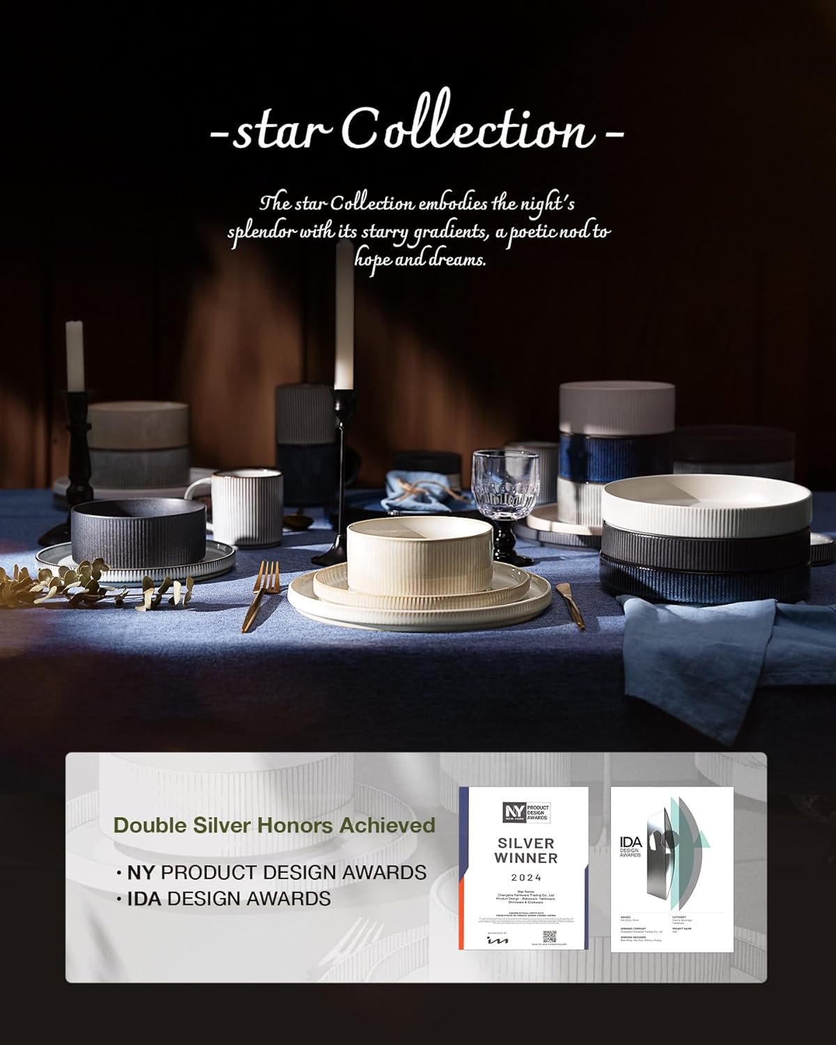 Famiware Star Dinnerware Set, Plates and Bowls Sets for 4 (12pcs), Ribbed Stoneware Dishes - Chip & Scratch Resistant, Microwave & Dishwasher Safe, Deep Forest
