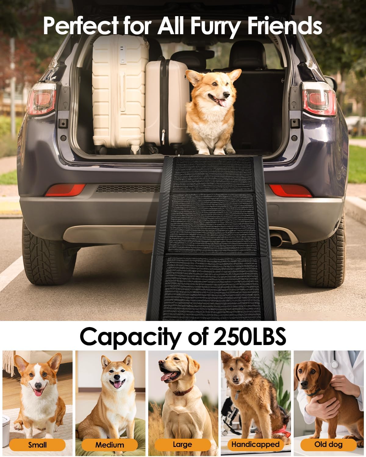 Folding Dog Ramp for Car SUV Truck, 17.3" x 63" Portable Pet Ramp for Large Dogs, Lightweight Non-Slip Dog Car Ramp, Sturdy Dog Ramp for Cars and High Beds, Easy to Carry and Store