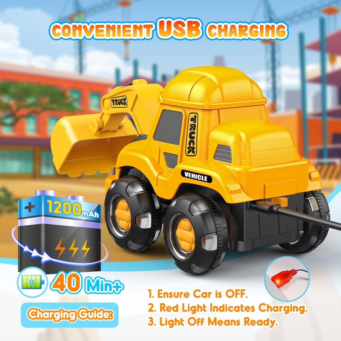 Toddler Toys Remote Control Car with Flashing Light Wheels & USB Rechargeable Construction Toys Excavator Truck for Toddlers Aged 2 3 4 5 6,Easter Basket Stuffers Gifts for Toddler Boys Girls