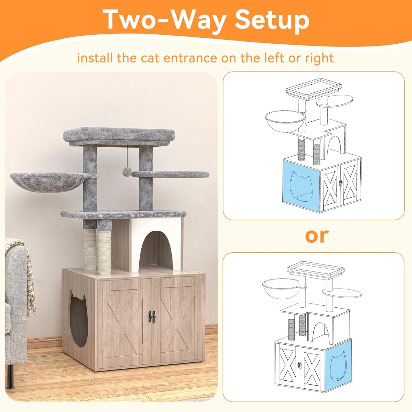 HavenlyYouth Litter Box Enclosure with Cat Tree,Cat Tree with Litter Box Enclosure,Hidden Pet Washroom Furniture with Sisal Scratching Post,Hammocks,Condo,Multiple Platform,Soft Plush Perch, Grey