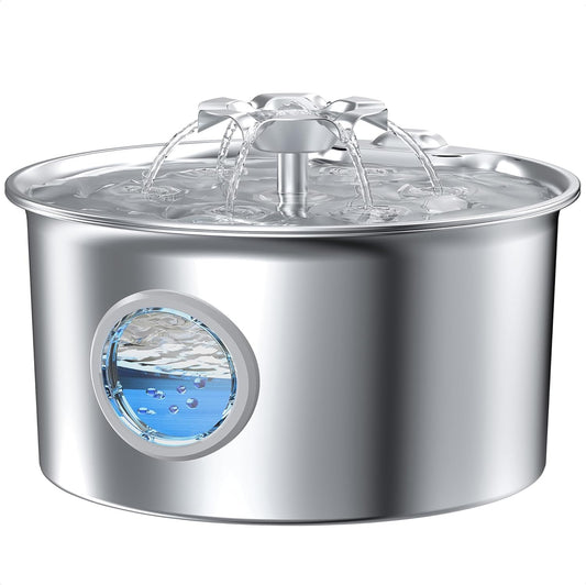 Stainless Steel Cat Water Fountain: 88oz/2.6L Ultra Quiet Pet Fountain with Flower Kitty Spout & LED Blue Light Water Dispenser with Water Level Window for Cats/Dogs Indoor (Silver) - IHOUONE