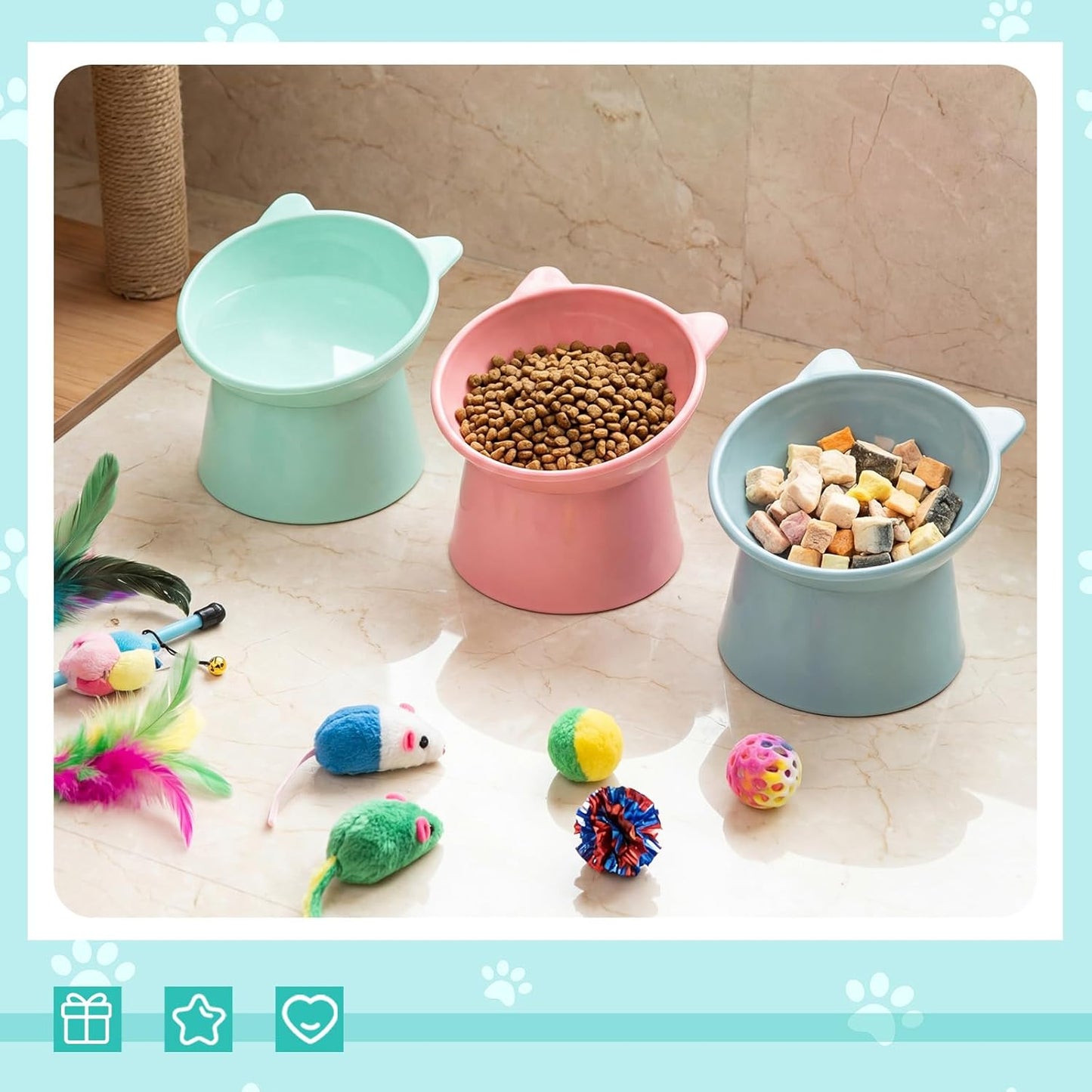 9 Pcs Plastic Raised Cat Bowls Bulk Elevated Tilted Dishes 15 Degrees Tilted Anti Vomiting Friendly Food Water Feeder Pet Slanted Stand Bowl for Indoor Cats Shelter(Cute,Pastel Color)