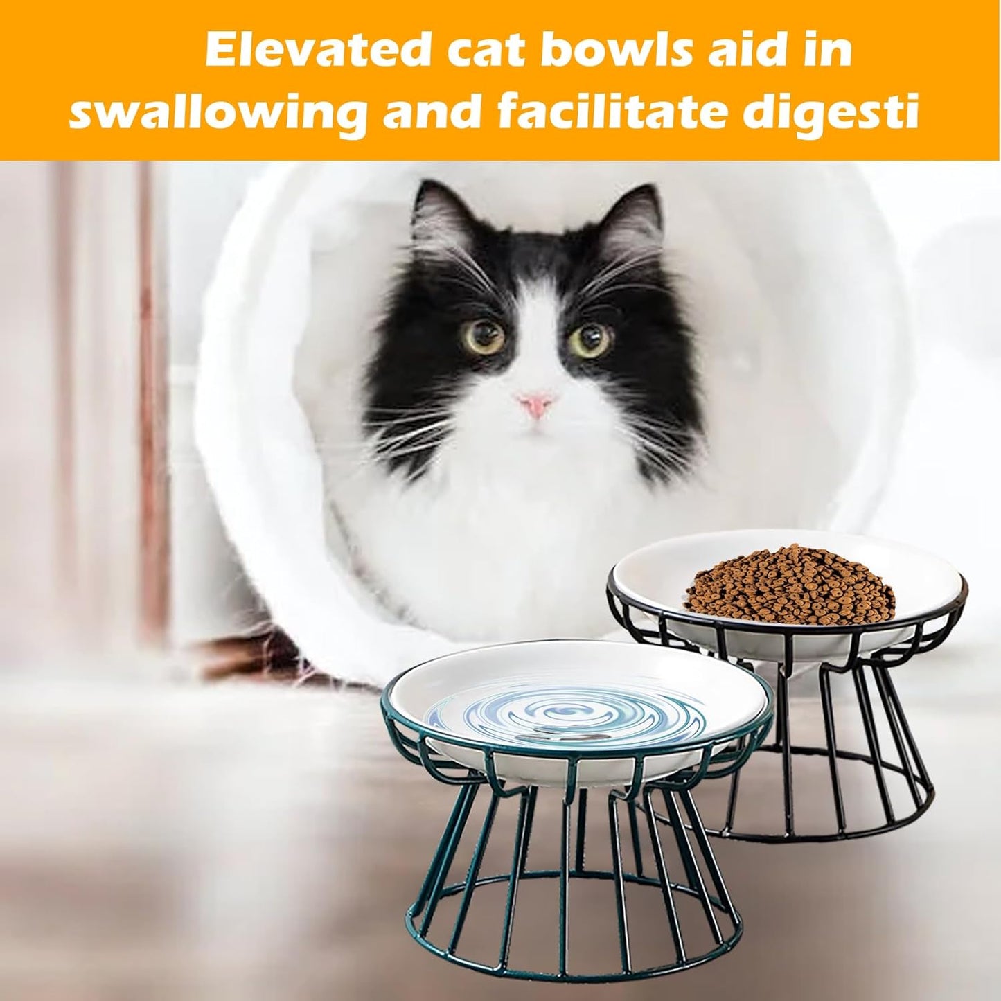 Ceramic Cat Bowls with Metal Stand,2 Pack Elevated Cat Bowl Raised Kitten Food&Water Feeding Shallow Dish for Indoor Cats,Puppies,Small Dogs